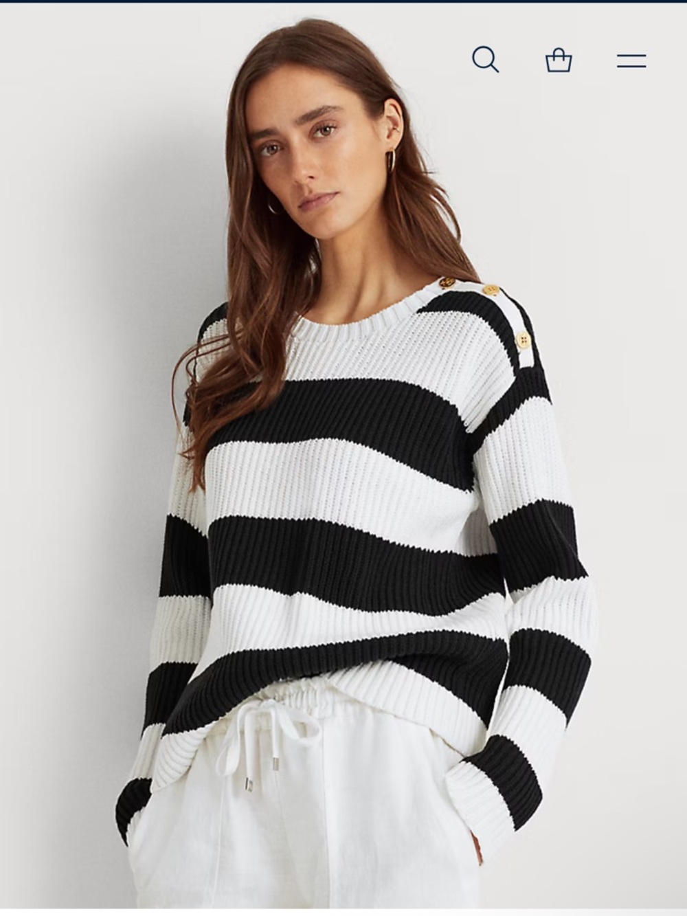 Ralph Lauren Black & White Cotton Crewneck Sweater with Shoulder Buttons